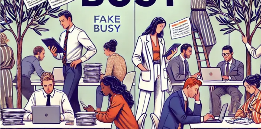 An office of 'fake busy' workers, where busyness masks a lack of real productivity.